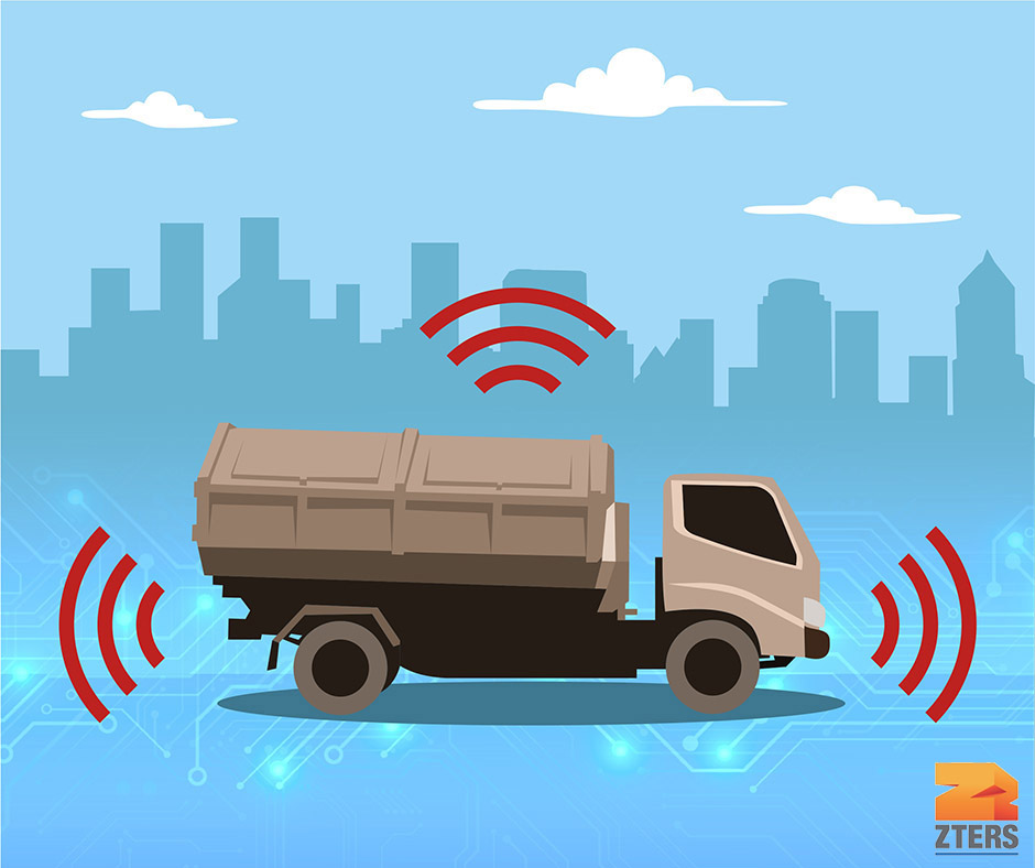 Garbage truck with wireless signals and tech pattern against a city backdrop.