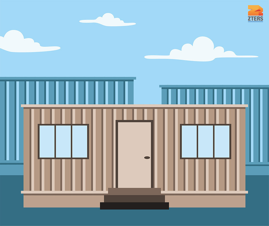 Beige storage container with door and window in front of blue background with storage containers and clouds