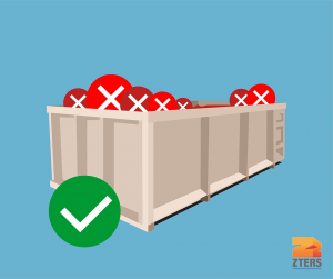 Large open top dumpster over a blue background with red x's inside. a green checkmark is in front. the zters logo is in the bottom right corner.