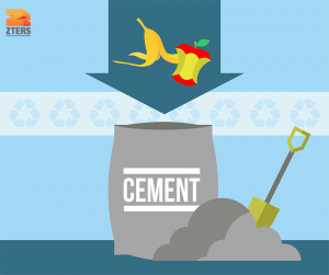 A banana peel and apple core going into a cement bad. A shovel and cement pile are in front.