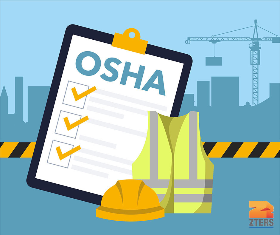 Graphic of clipboard that says OSHA with checklist, construction vest, and hard hat over blue background with outline of construction site.