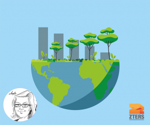 Graphic of the bottom half of the earth topped with trees and buildings over a blue background. Drawing of author Angela and ZTERS logo in bottom corners.