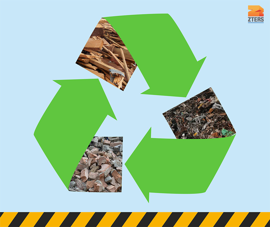 Green recycling symbol with images on brick, green waste, and wood inside. Black and yellow striped border on bottom. ZTERS logo in top right corner.