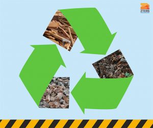 Green recycling symbol with images on brick, green waste, and wood inside. Black and yellow striped border on bottom. ZTERS logo in top right corner.