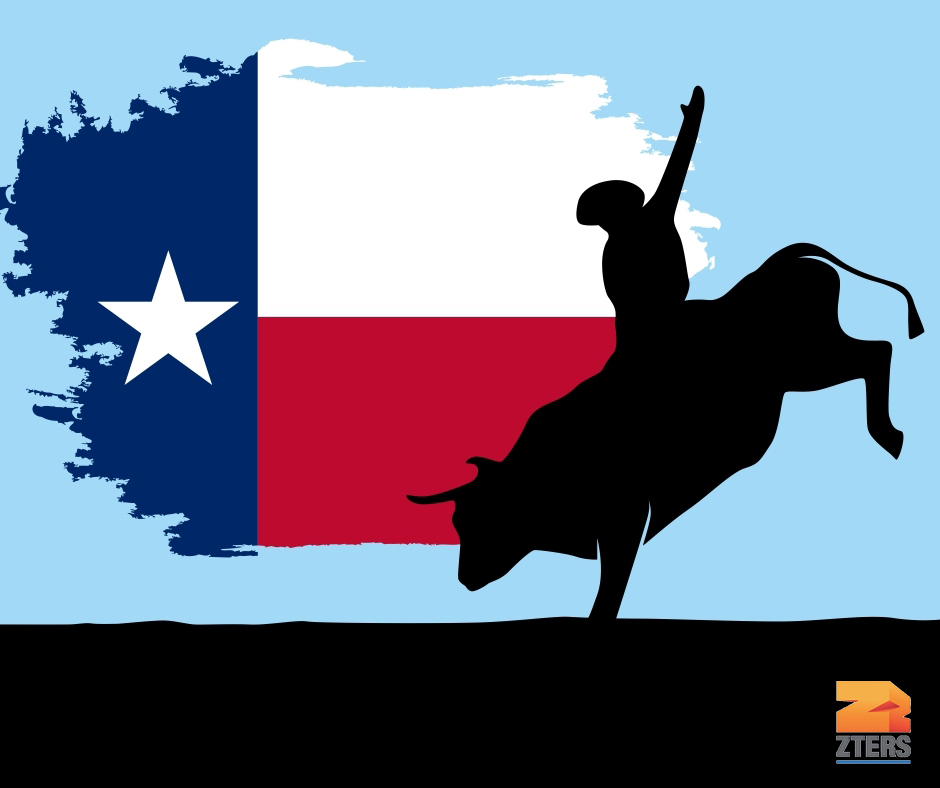 Cowboy riding a bull in front of the Texas flag. ZTERS logo in bottom right.