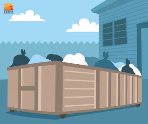 A tan open-top dumpster with garbage bags in front of a house and clouds. ZTERS logo in the top left corner.