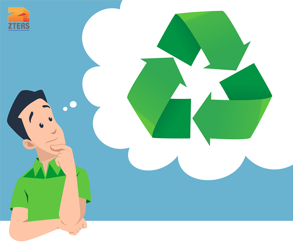 A man in a green shirt with a thought bubble containing a green recycling symbol. ZTERS logo in the top left.