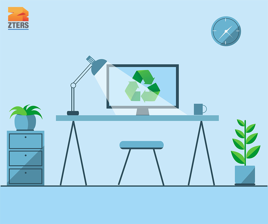 An office space with a desk lamp, plants, and computer monitor showing a recycling symbol. A clock is on the wall. ZTERS logo is in the top left corner.