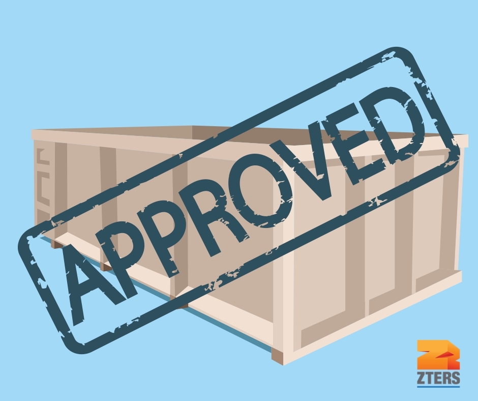An open top dumpster with an approved stamp over it in front of a blue background. ZTERS logo is in the bottom right corner.