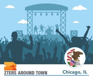 A minimalistic graphic of an outdoor concert with a stage and crowd cheering in front. A white bar with the ZTERS logo, ZTERS Around Town, and the Illinois state flag are at the bottom