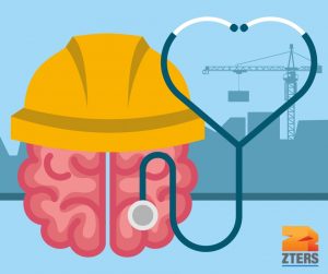 Graphic of a brain in a hardhat with a heart-shaped stethoscope over it. A construction site is seen in the background. The ZTERS logo is in the bottom right.