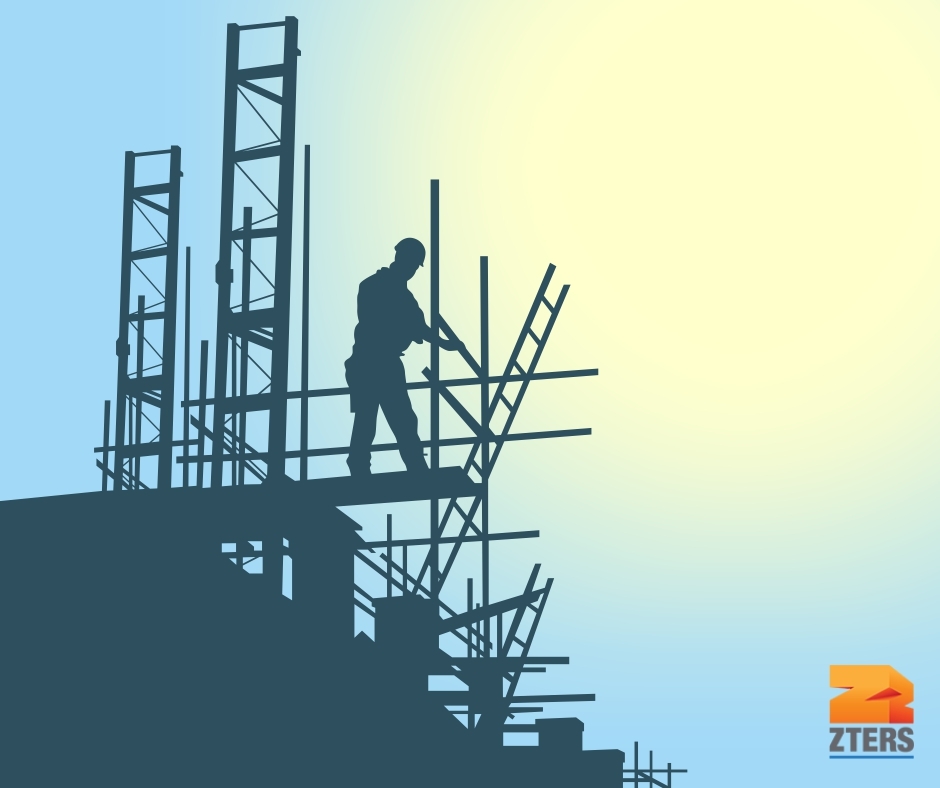 Outline of a construction worker on top of a building in progress. The sun beats down on them, making summer construction safety important. ZTERS logo in bottom right corner.
