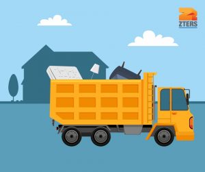 An orange junk removal truck with items including a mattress, lamp, and chair faces sideways. it is in front of a monochromatic house with clouds above. The ZTERS logo is in the top right.