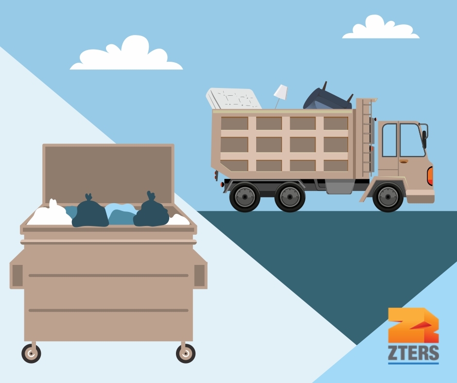 Junk removal company truck is one the right side or a diagonal line. A dumpster is on the left. The ZTERS logo is in the bottom right.