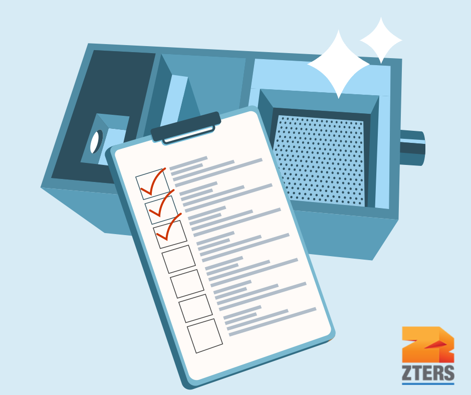 Grease trap requirements depicted by checklist on a clipboard in front of a clean grease trap system. ZTERS logo in bottom right.