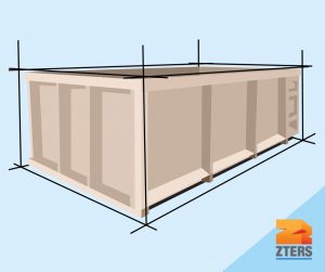 Dumpster size depicted by angled open-top dumpster with measurement lines. ZTERS logo in bottom right
