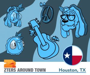 Houston Reggae Fest promotional image with stylistic lion, guitar, and peace sign. The Texas flag and ZTERS logo are at the bottom.
