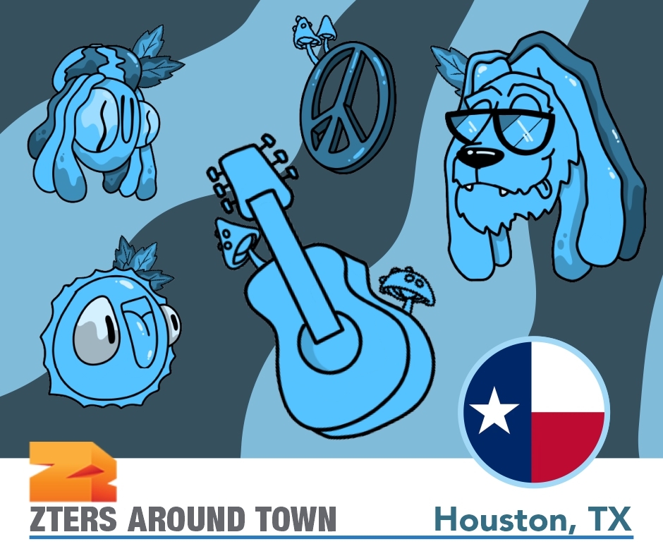 Houston Reggae Fest promotional image with stylistic lion, guitar, and peace sign. The Texas flag and ZTERS logo are at the bottom.