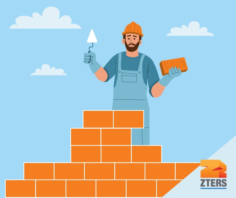 Man against blue sky wearing an orange hard hat and building a brick wall at an outdoor DIY project. ZTERS logo in bottom right.