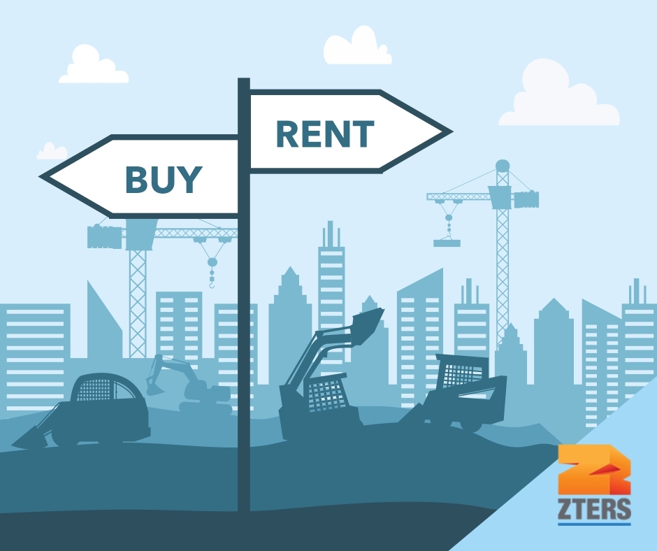 Renting vs buying construction equipment shown by signpost with arrows. A construction site with equipment and buildings are in the background.