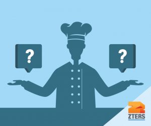 Silhouette of a chef deciding between a grease trap vs grease interceptor (depicted by question marks). ZTERS logo is in bottom right.