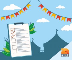 Fall festival planning checklist on a clipboard in front of background with leaves, banner, cloud, and carnival tents. ZTERS logo in bottom right