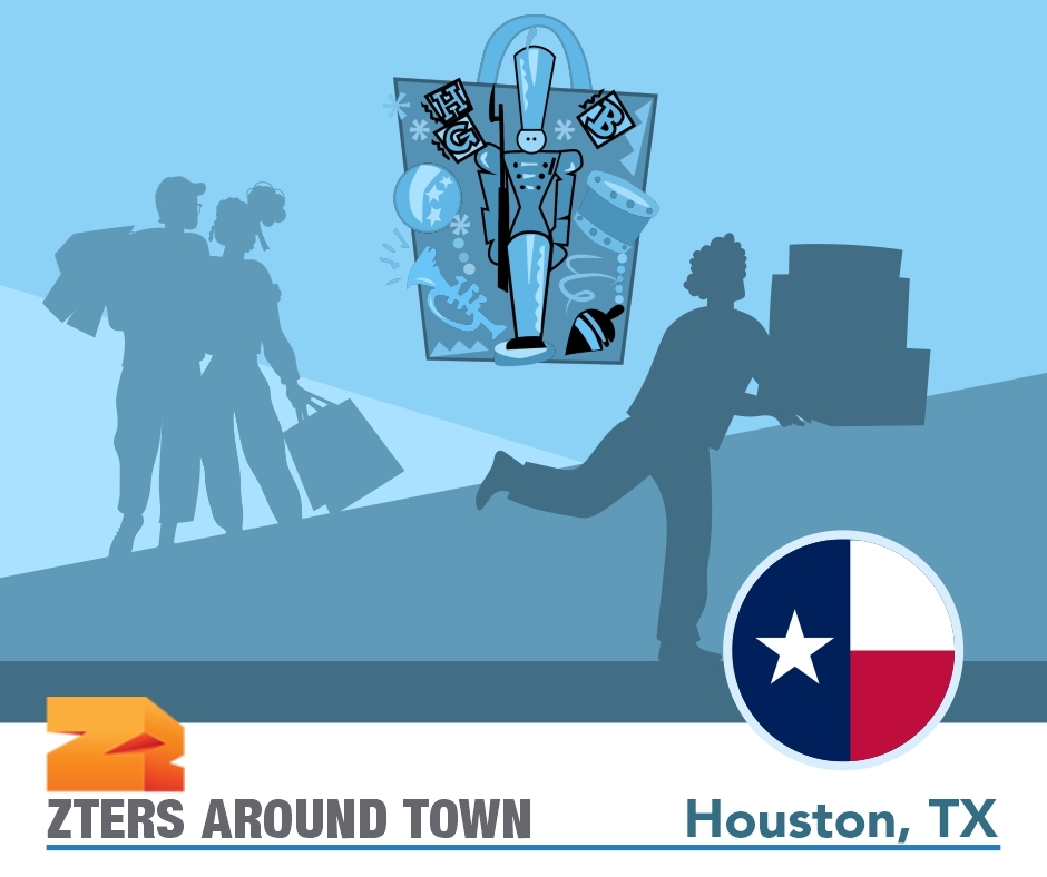 Houston Nutcracker Market depicted by silhouettes of couple with bags, person holding boxes. A large gift bag with a nutcracker is at the top. ZTERS logo in bottom left.