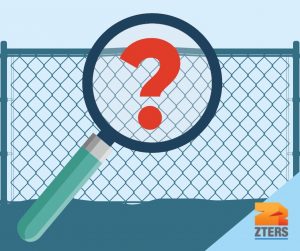 How to find the best temporary fencing solutions depicted by a magnifying glass with a question mark in the middle in front of a chain link fence. ZTERS logo in the bottom right.