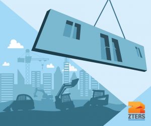 On-site vs off-site construction depicted by a construction site with equipment on one side and part of a building being hoisted on a crane on the other side. ZTERS logo in the bottom right.