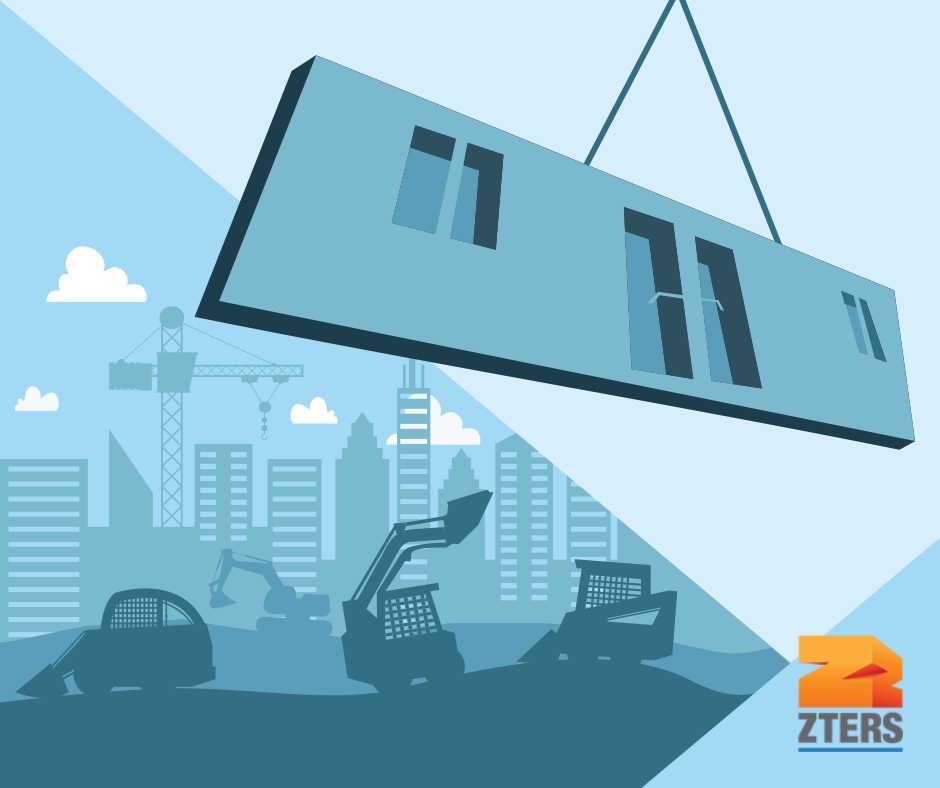 On-site vs off-site construction depicted by a construction site with equipment on one side and part of a building being hoisted on a crane on the other side. ZTERS logo in the bottom right.