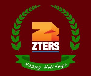 A maroon background with a green leaf wreath and celebratory banner reading "happy holidays". The ZTERS logo is in the middle