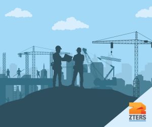 Five types of building construction depicted by two construction figures interacting on top of a mound in front of a site that includes more people, equipment and cranes. ZTERS logo in bottom right.