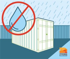 Keep moisture out of storage containers depicted by a storage container sitting in the rain. A red x symbol is seen over a water droplet.