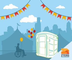 How to make your event accessible depicted by a party event with red and yellow banners. A person in a wheelchair is holding a yellow balloon and is next to an ADA compliant portable toilet. ZTERS logo in bottom right