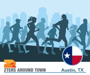 2024 austin marathon depicted by a group of runners with a cityscape behind them. the texas flag is in the bottom right. the zters logo is in the bottom left