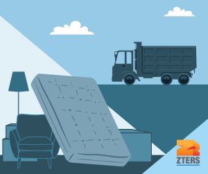 Preparing for junk removal service depicted by an image bisected by a diagonal line. A hauler truck with clouds behind is in the top right. Junk items including a lamp, chair, and mattress are in the bottom left. ZTERS logo is in bottom right.