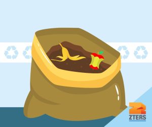 How to compost at home depicted by a brown sack with dirt, a banana peel, and an apple core inside. A banner of recycling logos is behind the bag. ZTERS logo is in the bottom right.