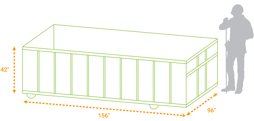 Illustration of 10-yard dumpster dimensions. 42 inches high, 156 inches wide, 96 inches deep