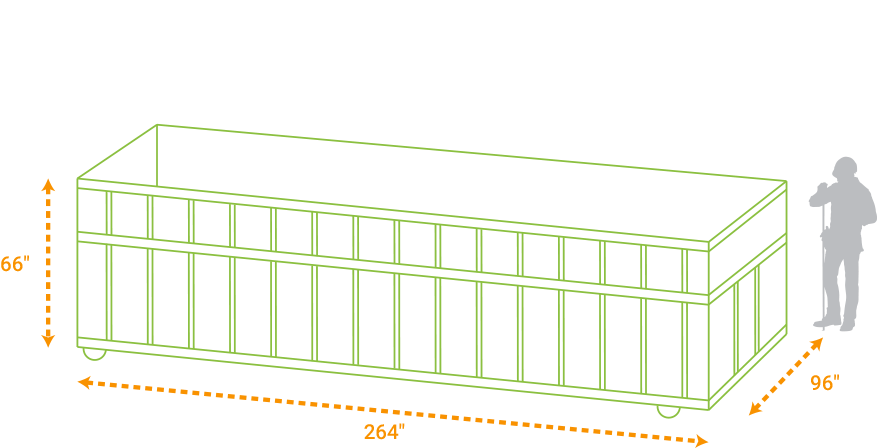 Illustration of 30-yard dumpster dimensions. 66 inches high, 264 inches wide, 96 inches deep