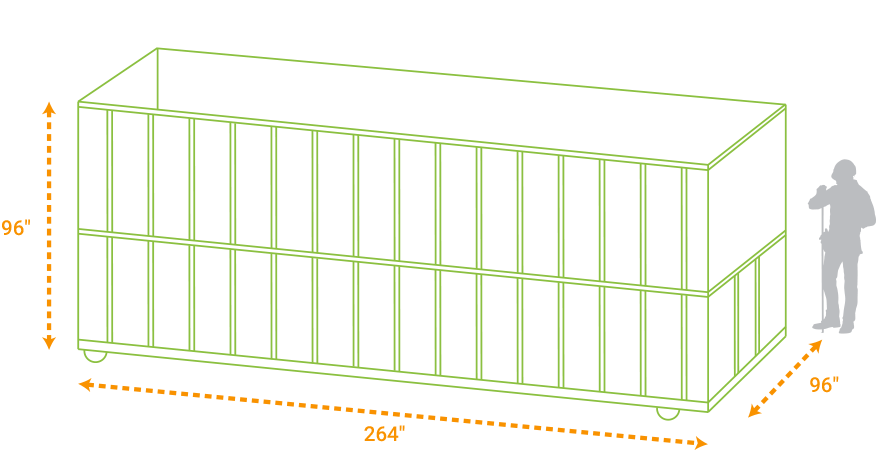Illustration of 40-yard dumpster dimensions. 96 inches high, 264 inches wide, 96 inches deep