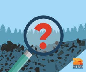 How do landfills work represented by a large magnifying glass with a red question mark in the center. Behind is a mound of waste and the outline of trees in the backdrop. ZTERS logo in bottom right.