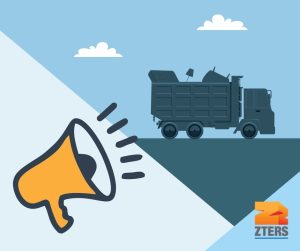 Get more junk removal customers depicted by an orange megaphone in the bottom left. A junk removal truck with various items is driving on the right. ZTERS logo in bottom right.