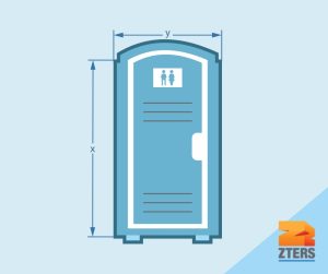 Porta potty size guide depicted by a standard blue portable toilet with length and height dimensions represented by variables x and y.