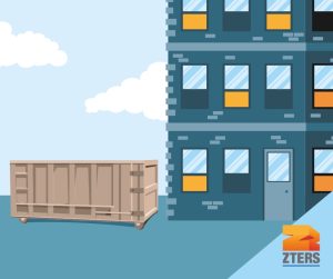 Property management waste services depicted by a large dumpster next to a high-rise apartment building. ZTERS logo is in the bottom right.