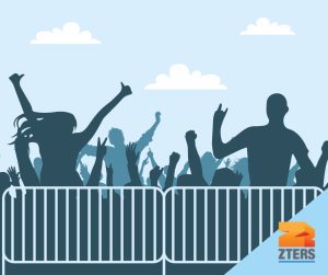 Temporary event fencing depicted by a minimalist drawing of a crowd at a concert colored in blue. They are behind a silver barricade fence. ZTERS logo in bottom right.