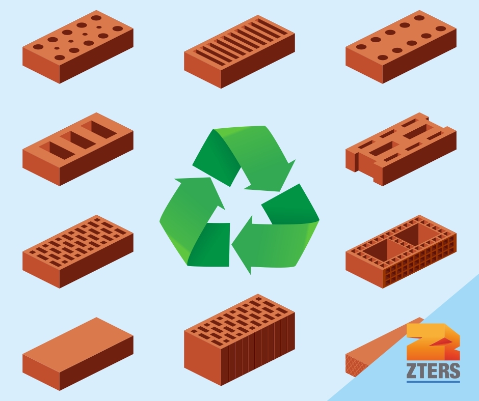 Image of 10 different sustainable bricks stacked on top of each other. A recycling logo in the middle and ZTERS logo bottom right.