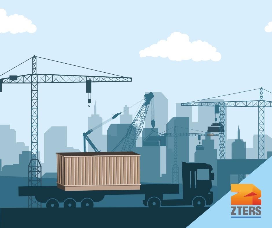 Hauler truck with onsite storage container. A construction site is in the background. ZTERS logo in bottom right.