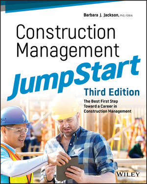 The book cover of "Construction Management JumpStart (3rd edition) with two construction workers looking at a tablet at a construction wearing hard hats.