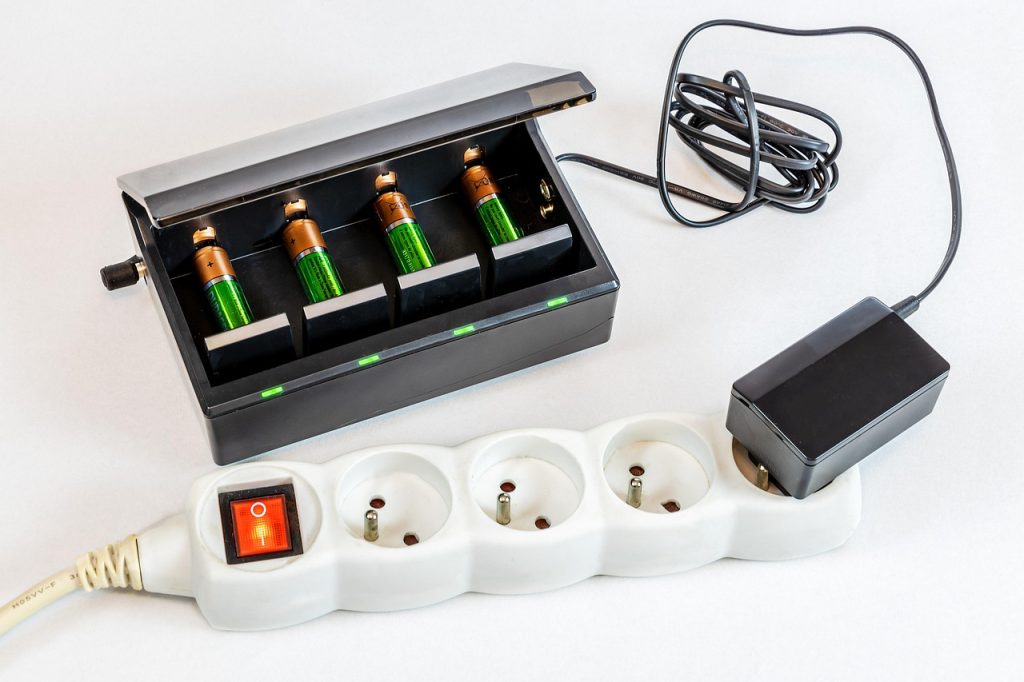 A picture of lithium-ion rechargeable batteries in a charging dock.
