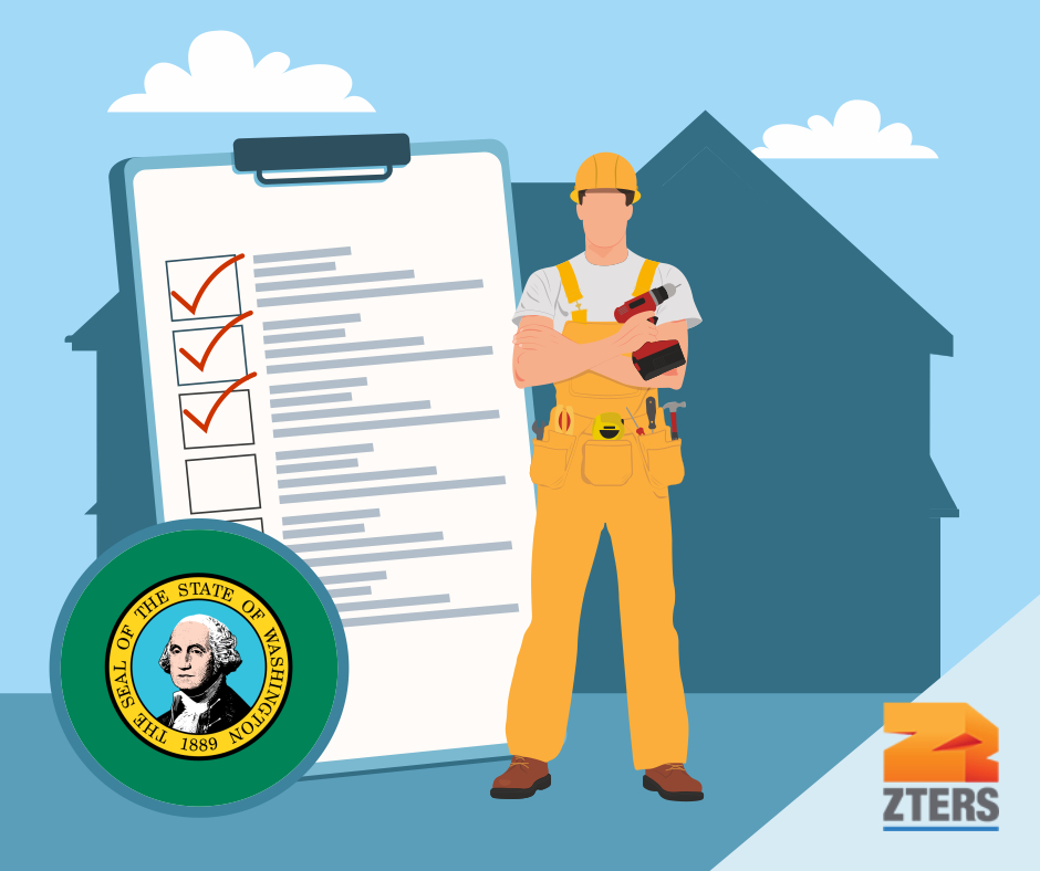 Checklist, WA state flag, and contractor shown for becoming a general contractor in Washington guide